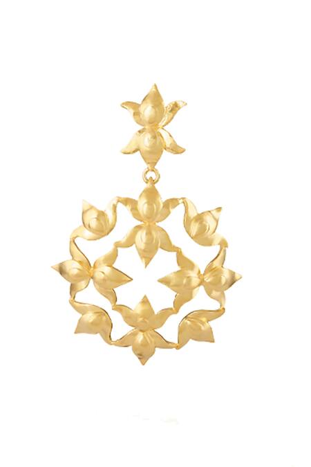 Shop Ornamaas Gold Plated Carved Lotus Motif Dangler Earrings at Aza Fashions Shop_Ornamaas_Gold Plated Carved Lotus Motif Dangler Earrings _at_Aza_Fashions