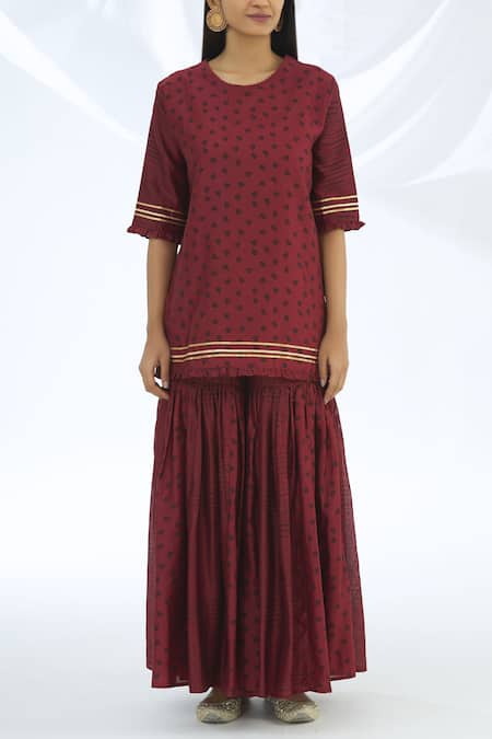 Buy_Shagun Manchanda_Maroon Chanderi Silk Round Kurta Sharara Set  _Online_at_Aza_Fashions