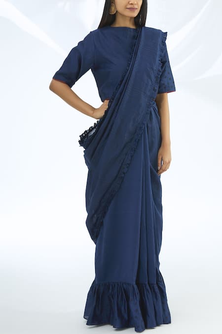 Buy_Shagun Manchanda_Blue Chanderi Silk Printed Saree  _Online_at_Aza_Fashions