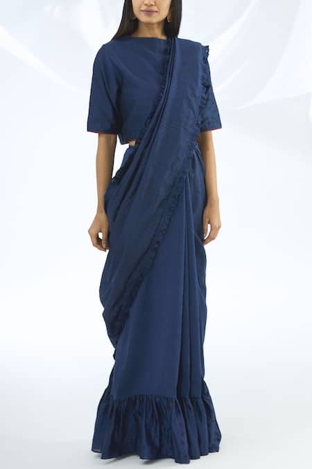 Shop_Shagun Manchanda_Blue Chanderi Silk Printed Saree  _Online_at_Aza_Fashions