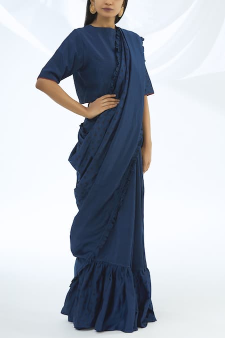 Buy_Shagun Manchanda_Blue Chanderi Silk Round Printed Blouse _Online_at_Aza_Fashions