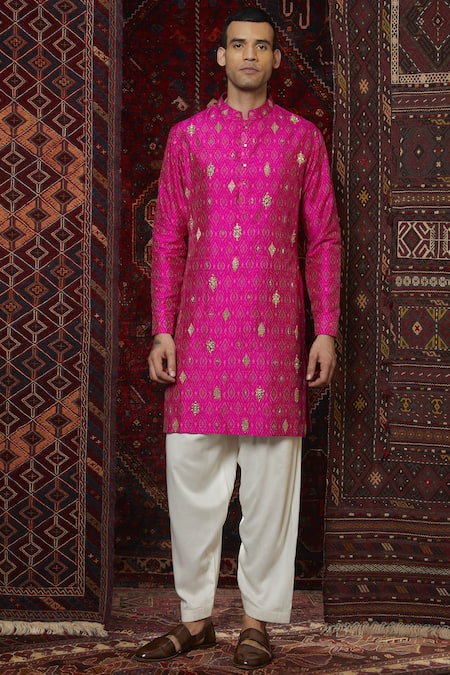 Qbik Pink Raw Silk Ikat Kurta Set 