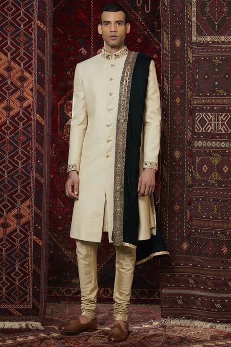 Qbik Beige Silk Embroidered Sherwani Set