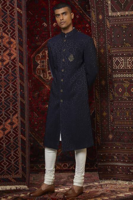 Qbik_Blue Silk Jacquard Sherwani Set_Online_at_Aza_Fashions