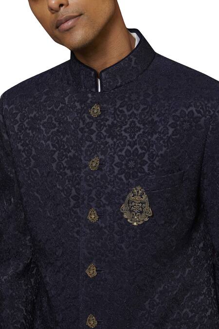 Buy_Qbik_Blue Silk Jacquard Sherwani Set_Online_at_Aza_Fashions