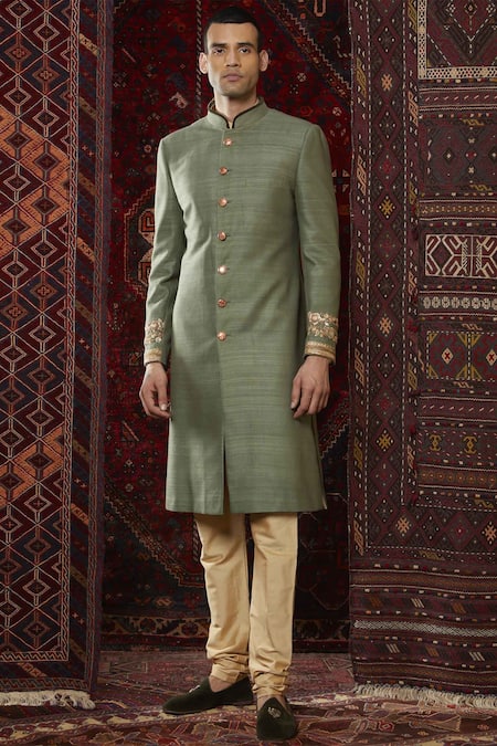 Qbik Gold Silk Embroidered Sherwani Set