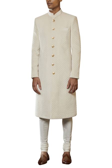 Qbik_Off White Velvet Quilted Sherwani Set_Online_at_Aza_Fashions