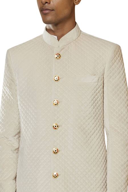 Buy_Qbik_Off White Velvet Quilted Sherwani Set_Online_at_Aza_Fashions