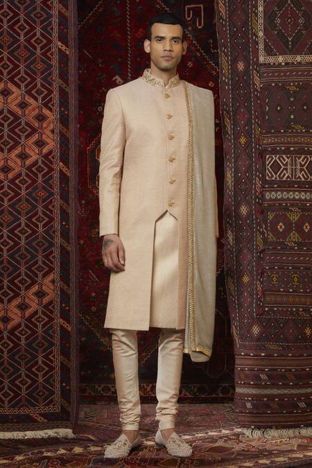 Qbik Grey Silk Textured Sherwani Set