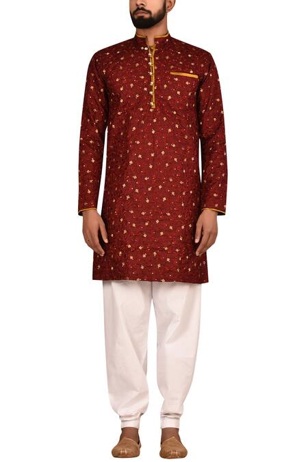 Arihant Rai Sinha_Maroon Cotton, Denim Embroidery Kurta Set _Online_at_Aza_Fashions