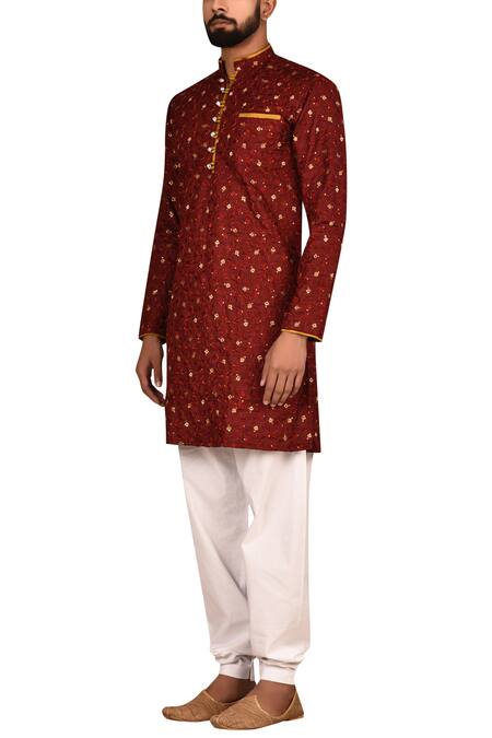 Buy_Arihant Rai Sinha_Maroon Cotton, Denim Embroidery Kurta Set _Online_at_Aza_Fashions
