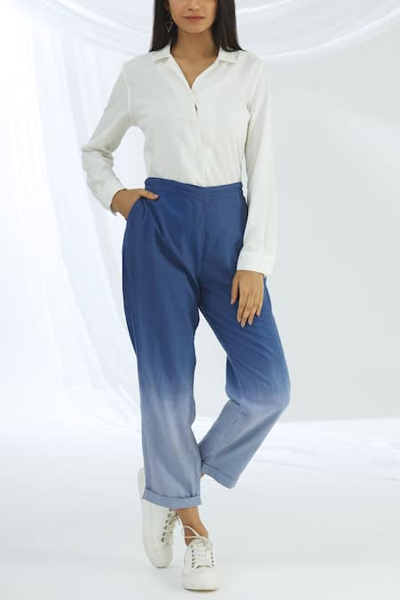 Casual Style Cotton Linen Trousers Womens Loose Gingham Pants in Sea Blue  Rose One Size - Morimiss.com