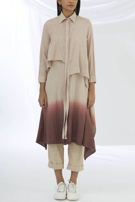 Chambray & Co._Cream Cotton Linen Shirt Collar Tunic Set_Online_at_Aza_Fashions