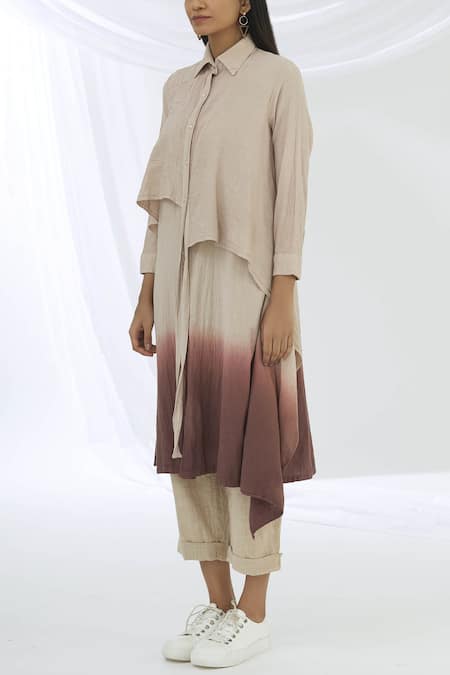 Buy_Chambray & Co._Cream Cotton Linen Shirt Collar Tunic Set_Online_at_Aza_Fashions