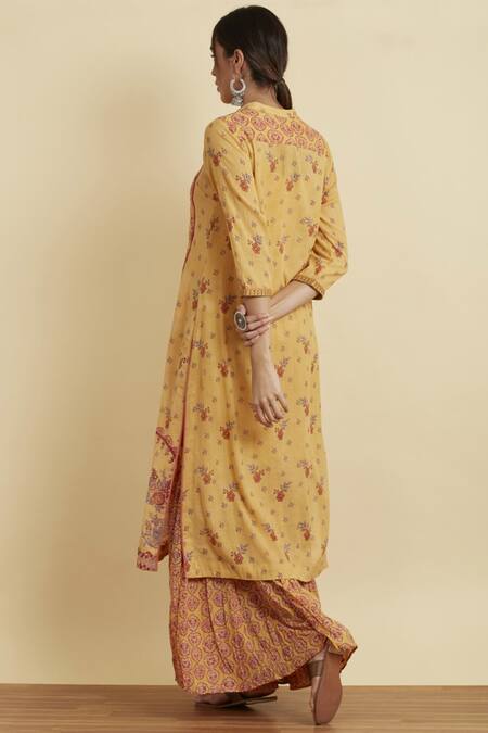 Shop Ritu Kumar Yellow Cotton Viscose Band Embroidered Kurta Sharara Set at Aza Fashions Shop_Ritu Kumar_Yellow Cotton Viscose Band Embroidered Kurta Sharara Set_at_Aza_Fashions