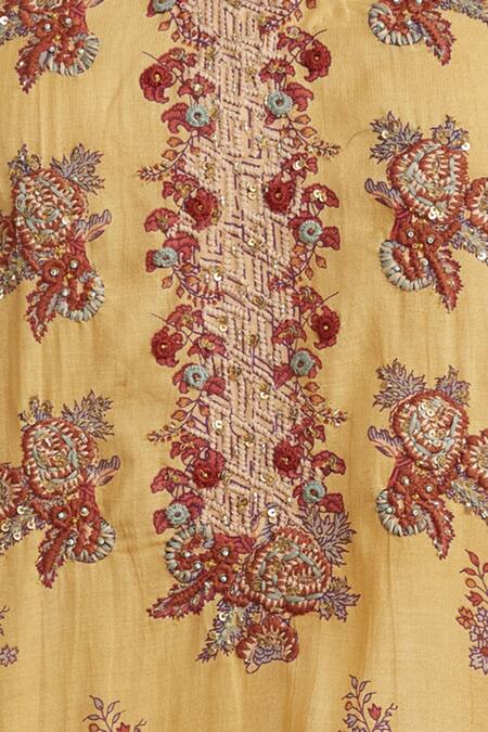 Shop Ritu Kumar Yellow Cotton Viscose Band Embroidered Kurta Sharara Set Online at Aza Fashions Shop_Ritu Kumar_Yellow Cotton Viscose Band Embroidered Kurta Sharara Set_Online_at_Aza_Fashions