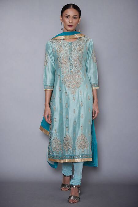 RI.Ritu Kumar Blue Chanderi Silk Round Embroidered Kurta Set 