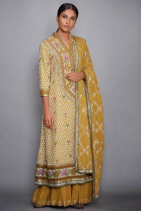 RI.Ritu Kumar Yellow Viscose Cotton Georgette Stand Collar Printed Kurta Palazzo Set 