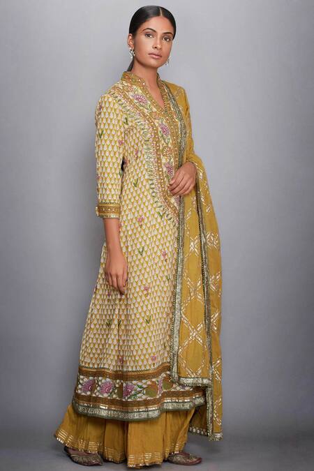 RI.Ritu Kumar_Yellow Viscose Cotton Georgette Stand Collar Printed Kurta Palazzo Set_Online_at_Aza_Fashions