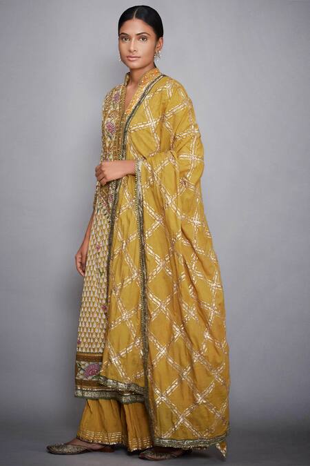 Buy_RI.Ritu Kumar_Yellow Viscose Cotton Georgette Stand Collar Printed Kurta Palazzo Set_Online_at_Aza_Fashions