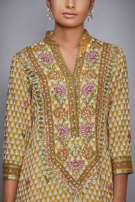 Shop_RI.Ritu Kumar_Yellow Viscose Cotton Georgette Stand Collar Printed Kurta Palazzo Set_Online_at_Aza_Fashions