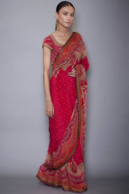 RI.Ritu Kumar_Red Satin Embroidered Saree_Online_at_Aza_Fashions