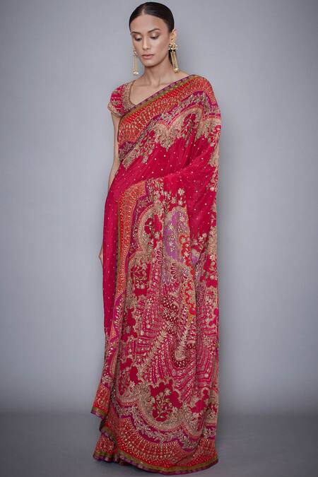 Buy_RI.Ritu Kumar_Red Satin Embroidered Saree_Online_at_Aza_Fashions