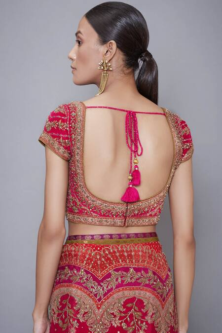 Shop_RI.Ritu Kumar_Red Satin Embroidered Saree_Online_at_Aza_Fashions