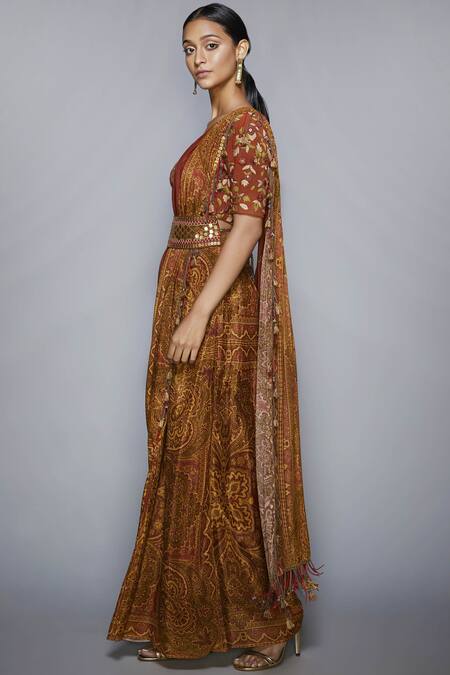 Shop RI.Ritu Kumar Green Rayon Crepe Round Printed Draped Saree at Aza Fashions Shop_RI.Ritu Kumar_Green Rayon Crepe Round Printed Draped Saree_at_Aza_Fashions