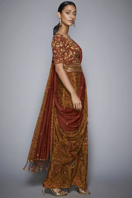 RI.Ritu Kumar Green Rayon Crepe Round Printed Draped Saree Online at Aza Fashions RI.Ritu Kumar_Green Rayon Crepe Round Printed Draped Saree_Online_at_Aza_Fashions