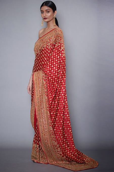 RI.Ritu Kumar_Red Silk Chinon Embroidered Saree With Unstitched Blouse Fabric _Online_at_Aza_Fashions