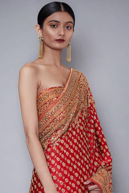 Buy_RI.Ritu Kumar_Red Silk Chinon Embroidered Saree With Unstitched Blouse Fabric _Online_at_Aza_Fashions