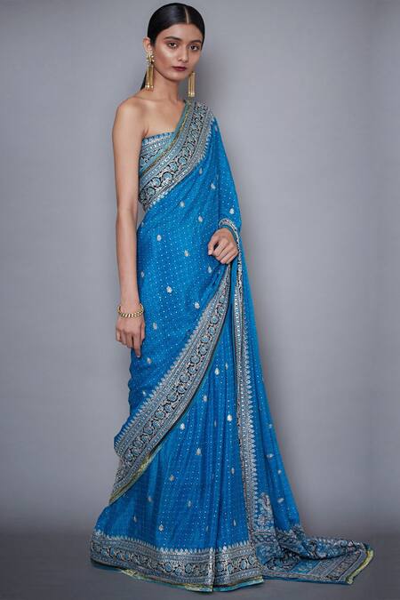 Shop_RI.Ritu Kumar_Blue Silk Chinon Embroidered Saree_at_Aza_Fashions