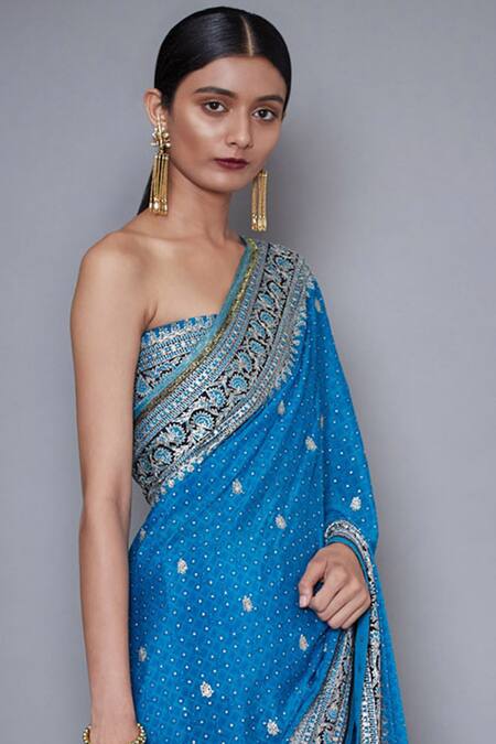 RI.Ritu Kumar_Blue Silk Chinon Embroidered Saree_Online_at_Aza_Fashions