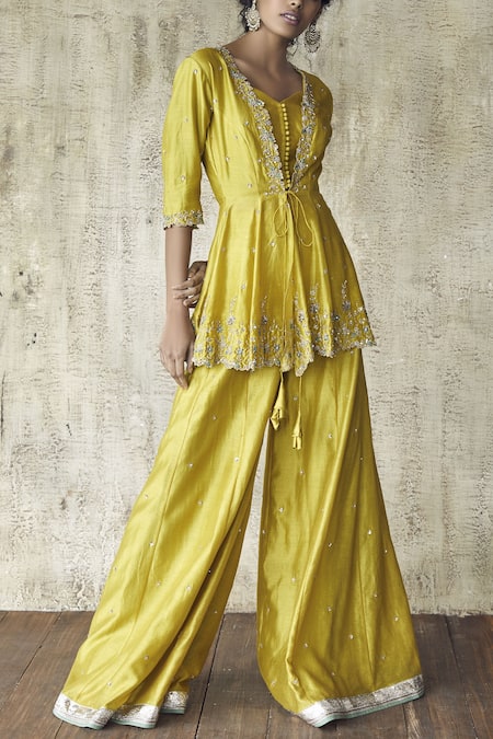 Himani & Anjali Shah Yellow Chanderi Silk Embroidered Jacket Set