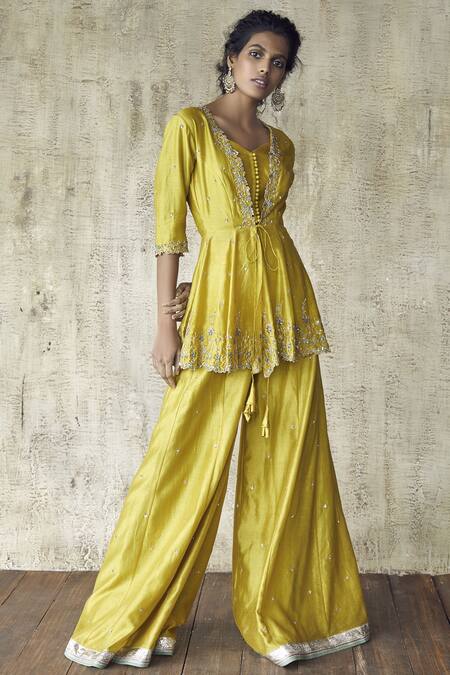 Himani & Anjali Shah Yellow Chanderi Silk Embroidered Jacket Set Online at Aza Fashions Himani & Anjali Shah_Yellow Chanderi Silk Embroidered Jacket Set_Online_at_Aza_Fashions