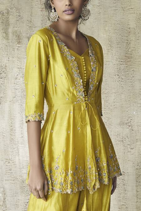 Buy Himani & Anjali Shah Yellow Chanderi Silk Embroidered Jacket Set Online at Aza Fashions Buy_Himani & Anjali Shah_Yellow Chanderi Silk Embroidered Jacket Set_Online_at_Aza_Fashions