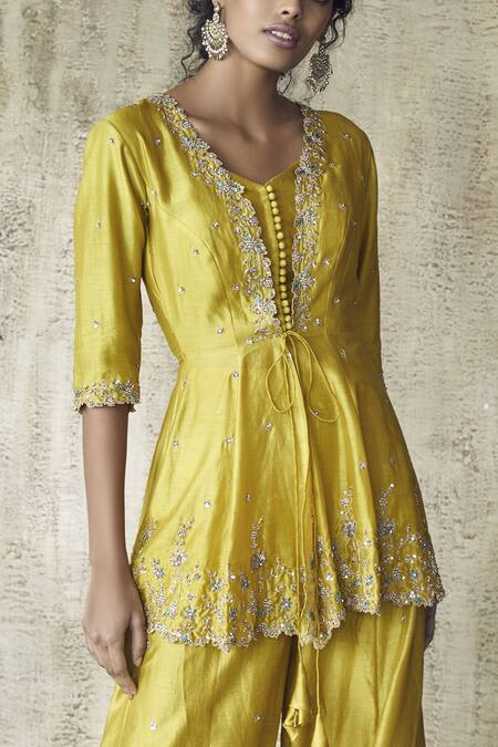 Shop Himani & Anjali Shah Yellow Chanderi Silk Embroidered Jacket Set Online at Aza Fashions Shop_Himani & Anjali Shah_Yellow Chanderi Silk Embroidered Jacket Set_Online_at_Aza_Fashions