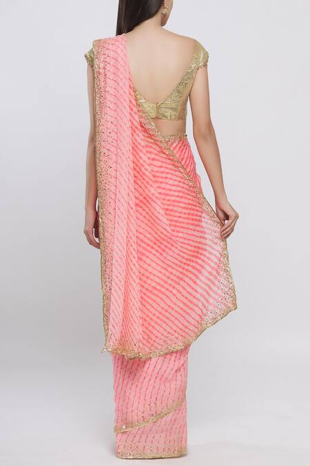 Shop_Bhairavi Jaikishan_Gold Leheriya Saree With Blouse _at_Aza_Fashions