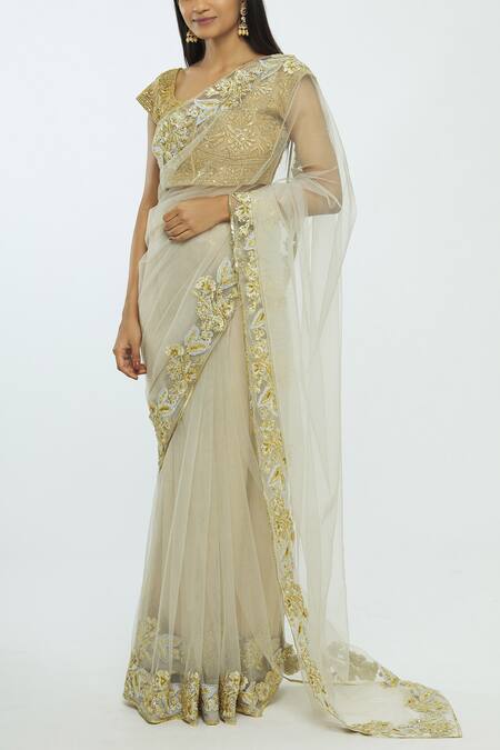 Bhairavi Jaikishan_Off White Embroidered Net Saree_Online_at_Aza_Fashions