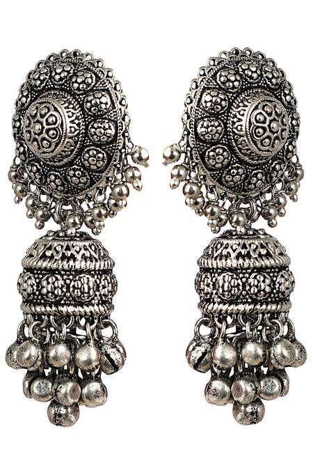 ZARIIN_Black Antique Jhumkas_Online_at_Aza_Fashions