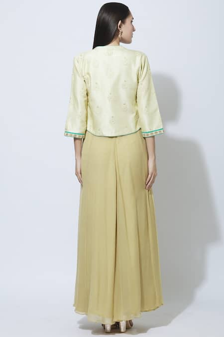 Shop Manasi Sengupta Beige Raw Silk, Chiffon Dress, Jacket Round Maxi With Embroidered at Aza Fashions Shop_Manasi Sengupta_Beige Raw Silk, Chiffon Dress, Jacket Round Maxi With Embroidered _at_Aza_Fashions