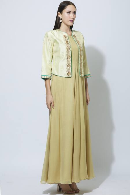 Manasi Sengupta Beige Raw Silk, Chiffon Dress, Jacket Round Maxi With Embroidered Online at Aza Fashions Manasi Sengupta_Beige Raw Silk, Chiffon Dress, Jacket Round Maxi With Embroidered _Online_at_Aza_Fashions