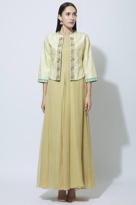 Buy Manasi Sengupta Beige Raw Silk, Chiffon Dress, Jacket Round Maxi With Embroidered Online at Aza Fashions Buy_Manasi Sengupta_Beige Raw Silk, Chiffon Dress, Jacket Round Maxi With Embroidered _Online_at_Aza_Fashions