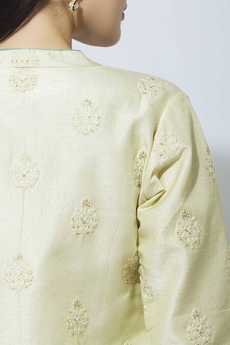 Manasi Sengupta Beige Raw Silk, Chiffon Dress, Jacket Round Maxi With Embroidered at Aza Fashions Manasi Sengupta_Beige Raw Silk, Chiffon Dress, Jacket Round Maxi With Embroidered _at_Aza_Fashions