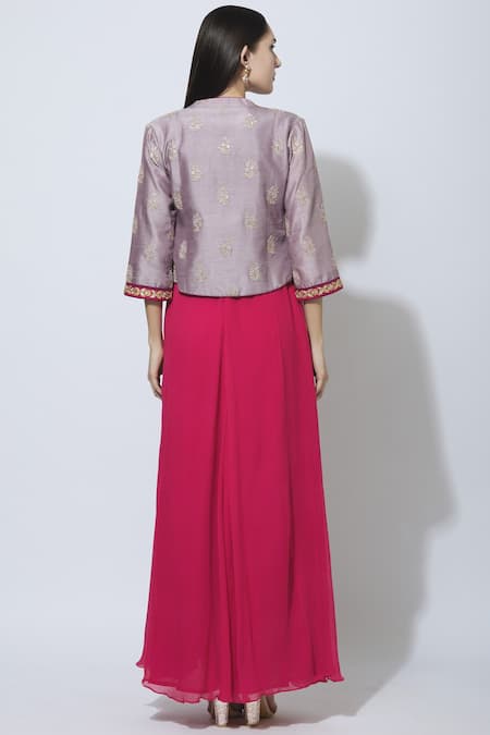 Shop Manasi Sengupta Purple Raw Silk, Chiffon Dress Round Jacket Band Maxi With Embroidered at Aza Fashions Shop_Manasi Sengupta_Purple Raw Silk, Chiffon Dress Round Jacket Band Maxi With Embroidered _at_Aza_Fashions