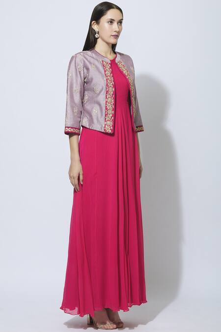Manasi Sengupta Purple Raw Silk, Chiffon Dress Round Jacket Band Maxi With Embroidered Online at Aza Fashions Manasi Sengupta_Purple Raw Silk, Chiffon Dress Round Jacket Band Maxi With Embroidered _Online_at_Aza_Fashions