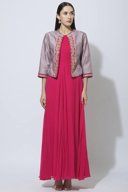 Buy Manasi Sengupta Purple Raw Silk, Chiffon Dress Round Jacket Band Maxi With Embroidered Online at Aza Fashions Buy_Manasi Sengupta_Purple Raw Silk, Chiffon Dress Round Jacket Band Maxi With Embroidered _Online_at_Aza_Fashions