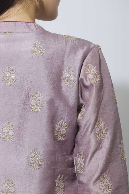 Manasi Sengupta Purple Raw Silk, Chiffon Dress Round Jacket Band Maxi With Embroidered at Aza Fashions Manasi Sengupta_Purple Raw Silk, Chiffon Dress Round Jacket Band Maxi With Embroidered _at_Aza_Fashions