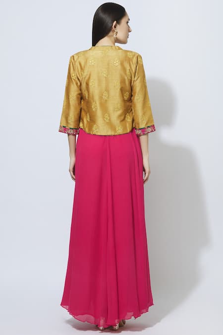 Shop Manasi Sengupta Yellow Raw Silk, Chiffon Dress Round Jacket Band Maxi With Embroidered at Aza Fashions Shop_Manasi Sengupta_Yellow Raw Silk, Chiffon Dress Round Jacket Band Maxi With Embroidered _at_Aza_Fashions